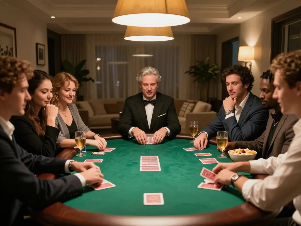 Engaged players enjoying a friendly poker night at home, focusing on AE888 COM game strategies.