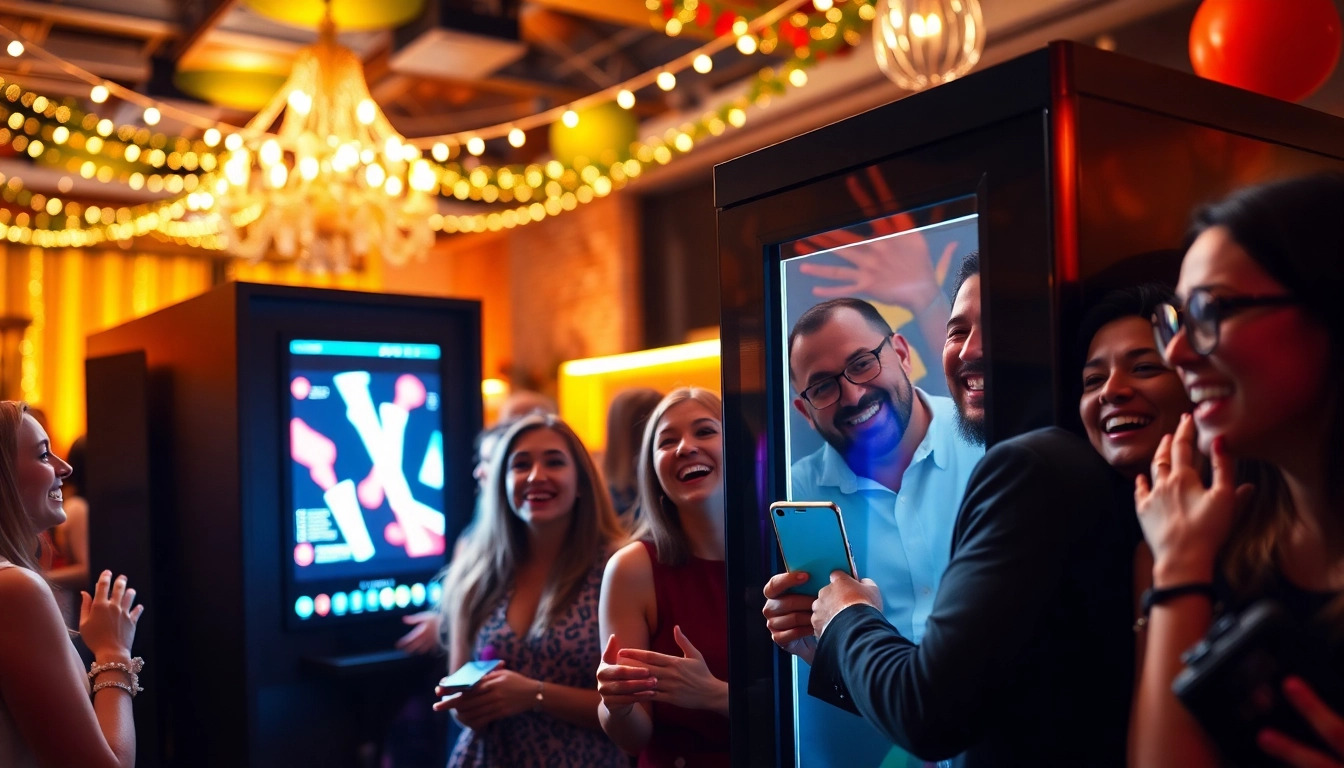 Capture the excitement of a photo booth rental chicago with guests enjoying fun props at a lively event.