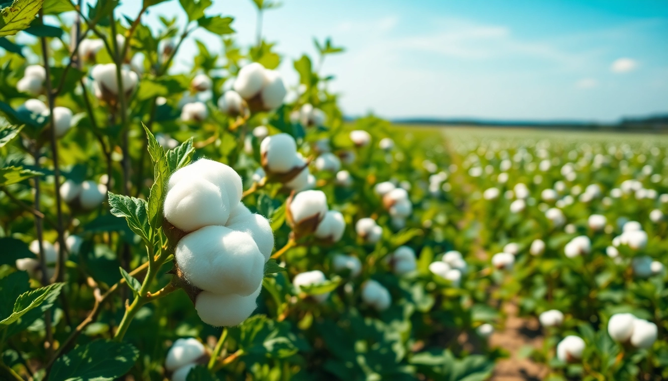 Beeld van katoenplanten met rijpe katoenbollen te midden van groene bladeren.