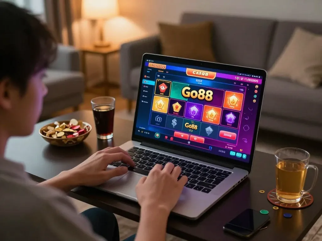 Engaging in thrilling online gameplay with Go88, showcasing interactive live dealer experiences at home.