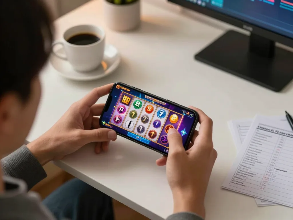 Engaging player using mobile slot game on pucuk138 app, showcasing vibrant gameplay and betting strategy.