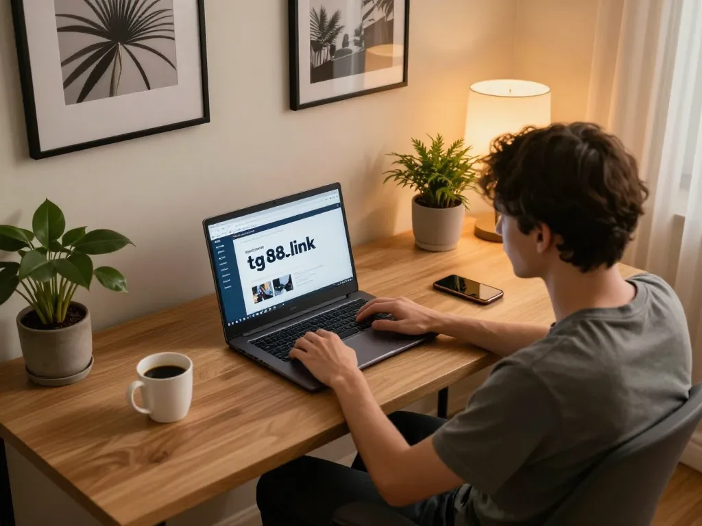 Engaging with tg88-link online gaming platform in a cozy home setting, promoting responsible gambling.