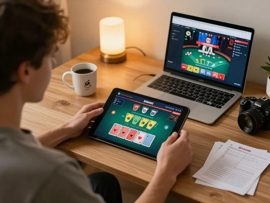 Engaged user enjoys live dealer blackjack at home, exploring cm88 com gaming strategies comfortably