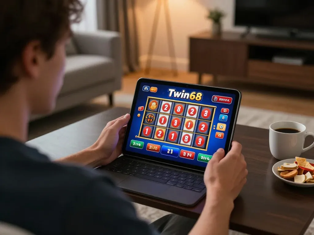 Twin68 online gaming experience on tablet in a cozy living room, highlighting responsible gambling.