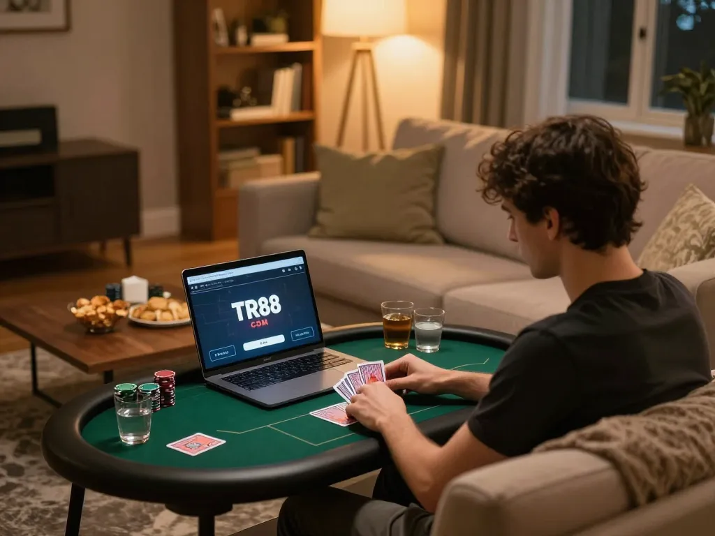 Player analyzing cards on TR88 COM platform in cozy home setting during online poker game