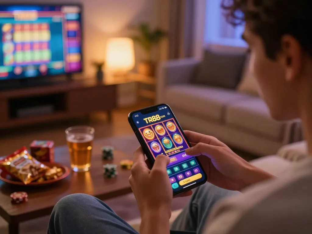 Engaging with the TR88 com mobile app for online slots in a cozy home setting.