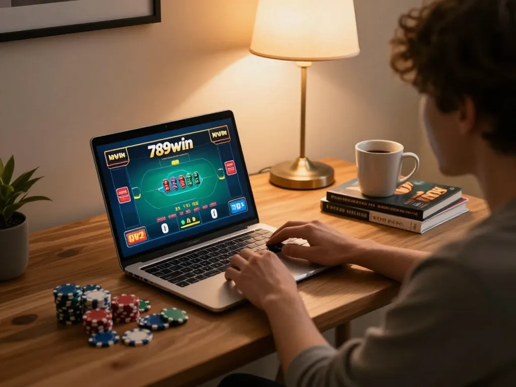 Engaged player enjoying online gambling at 789win with live dealer on laptop screen.